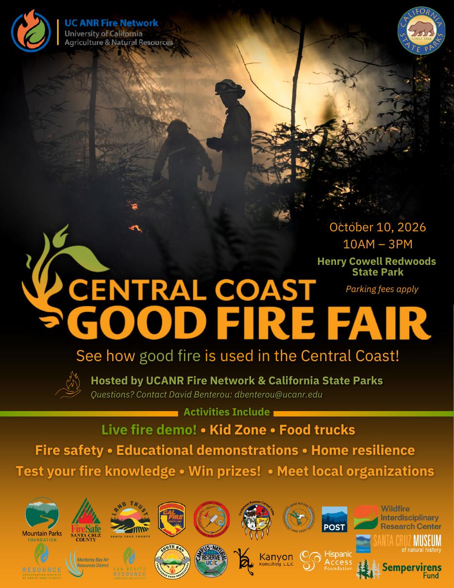 Central Coast Good Fire Fair flyer: firefighters silhouetted in smoke in a redwood forest, with the event date, time, location, activities, and partner logos.